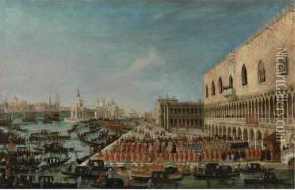 A View Of The Molo, Venice, 
Looking West With A Procession Of Ambassadors And Attendants Entering 
The Palazzo Ducale Oil Painting - Gabriele Bella