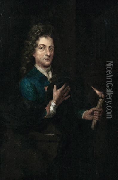 A Self-portrait Of The Artist Holding Acandlestick Oil Painting - Godfried Schalcken