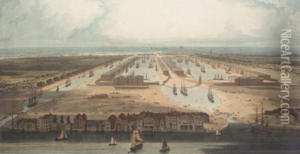 A View Of The London Dock; A View Of The East India Docks; An Elevated View Of The New Docks An Warehouses On The Isle Of Dogs Oil Painting - William Daniel