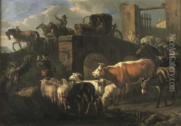 Pastore Con Armenti Presso Un Ponte All Entrata Di Una Citta Oil Painting - Pieter van Bloemen