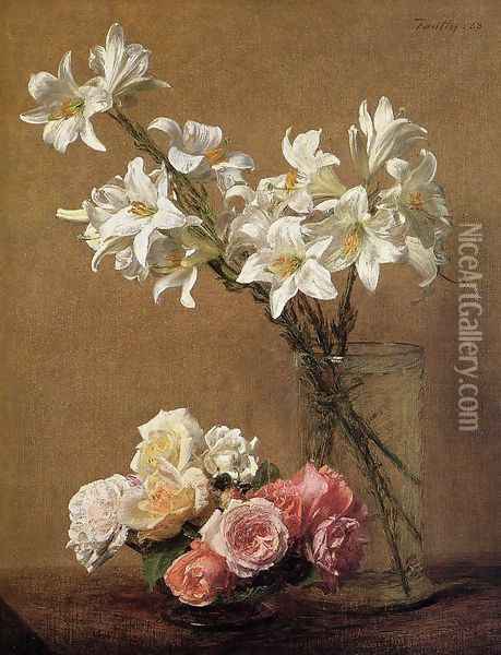 Roses and Lilies Oil Painting - Ignace Henri Jean Fantin-Latour