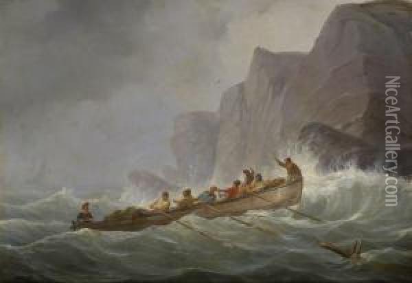 Ruderboot An Sturmischer Felsenkuste Oil Painting - Johann Baptist Weiss