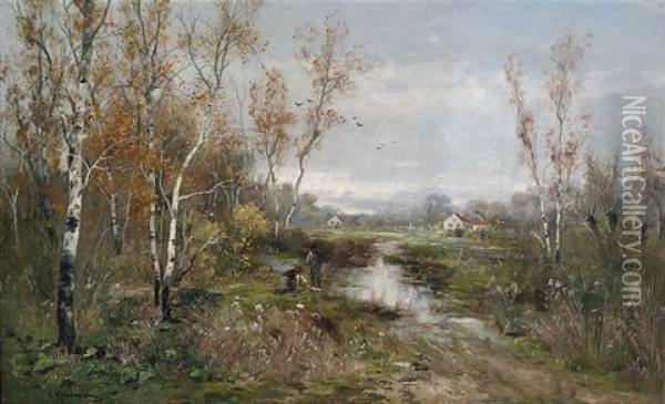 Herbstliche Moorladschaft An Einem Birkenhain Oil Painting - Adolf Kaufmann