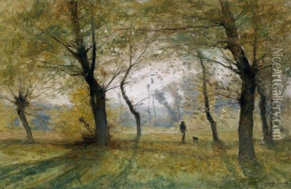 Lichte Waldpartie Mit Jager Und Hund Oil Painting - Gustave Castan
