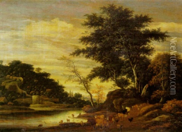 Vor Einem Bewaldeten Hugel, Links Ein Wasserlauf, Am Rechten Ufer Eine Viehherde Mit Hirten Oil Painting - Jacob Salomonsz van Ruysdael