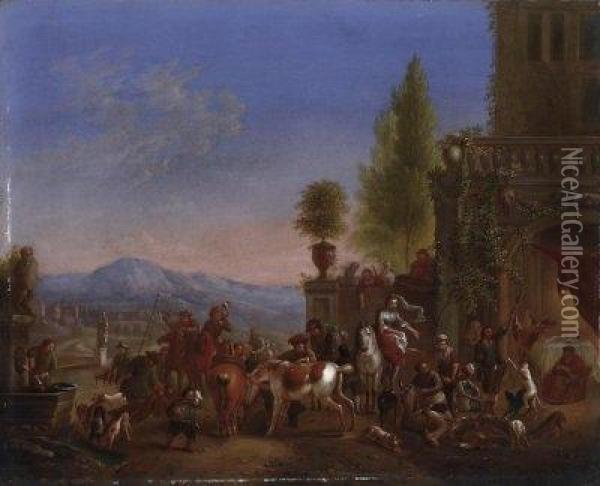 Homecoming From The Hunt. 
Horsemen, Servants And Maidens In Front Of The Palace. With Monogram 
Left On The Well: Cvf F Oil Painting - Carel van Falens or Valens