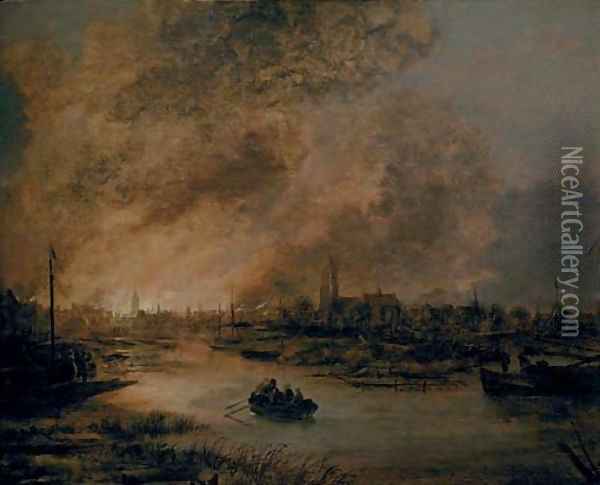 A river landscape at night with a rowing boat, a burning city beyond Oil Painting - Aert van der Neer