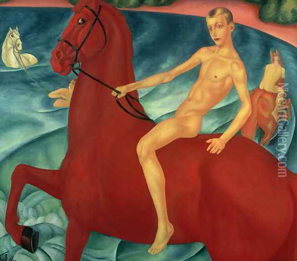 Bathing of the Red Horse, 1912 Oil Painting - Kuzma Sergeevich Petrov-Vodkin