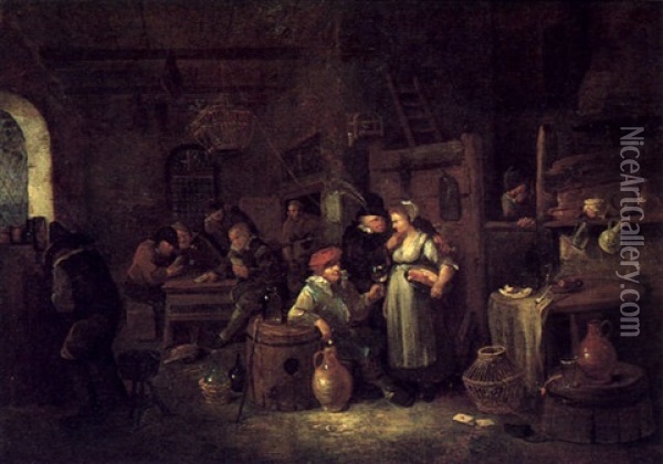 Zechende, Kartenspielende Und Karessierende Bauern Im Wirtshaus Oil Painting - Egbert van Heemskerck the Younger