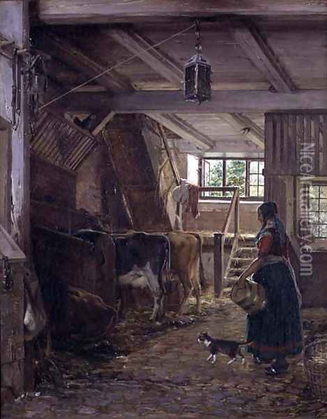 In the Cow Byre Oil Painting - Jorgen Roed