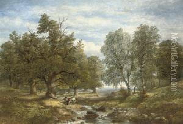 Collecting Firewood Beside A Stream Oil Painting - James Poole