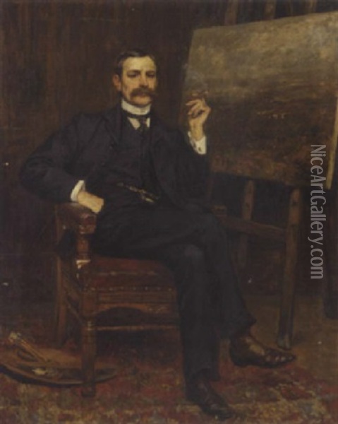 Portrait Of Tom Mitchell By His Easel, Smoking A Cigar Oil Painting - James Charles