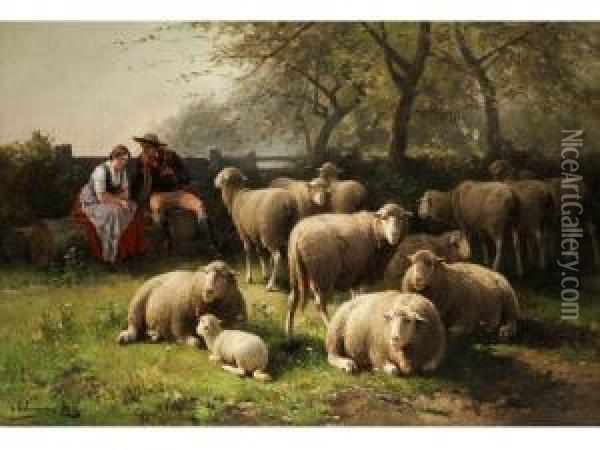 Hirtenpaar Mit Schafen Unterbaumen Oil Painting - Jan David Col