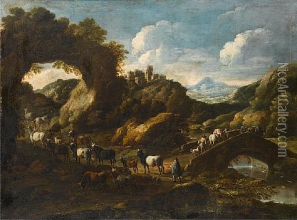 A Rocky River Landscape With A Drover And His Flock On A Country Path And Travellers Crossing A Bridge Oil Painting - Cajetan Roos