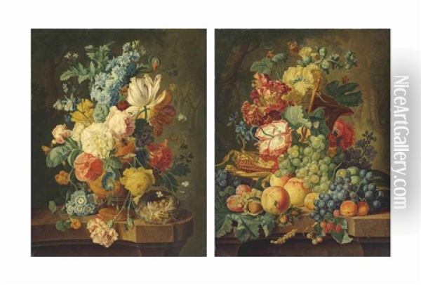 Tulips, Poppies, Carnations And Other Flowers In A Vase With A Bird's Nest On A Marble Ledge; And Grapes, Corn On The Cob, Peaches, Plums, Raspberries And Mixed Flowers On A Marble Ledge Oil Painting - Johannes Christianus Roedig