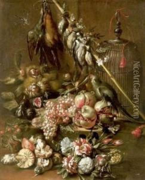 Nature Morte Aux Fleurs, Fruits Et Trophee De Chasse Oil Painting - Giuseppe Vincenzino