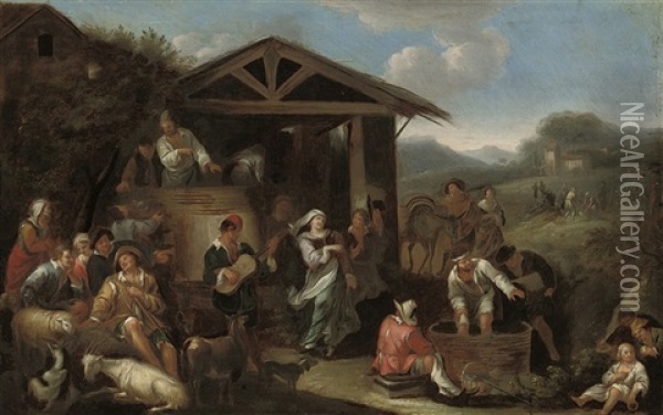An Italianate Landscape With Peasants Oil Painting - Dirk Helmbreker