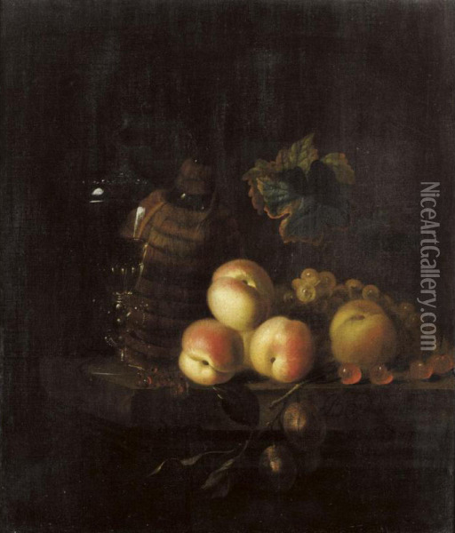 A Still Life Of Peaches, A Carafe, A Glass And Grapes, All Arranged Upon A Ledge Oil Painting - Barent De Bakker