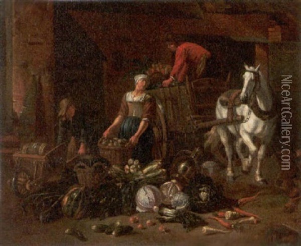 Gemusehandler Mit Pferdedkarren Und Schubkarre Oil Painting - Pieter Angillis