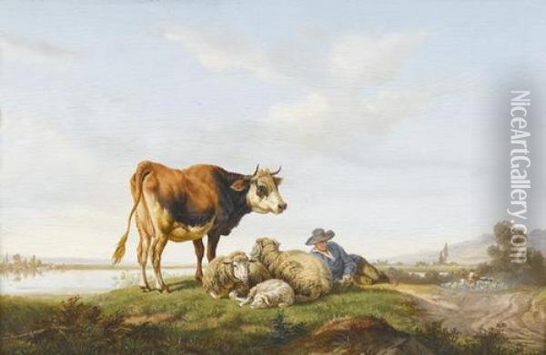 Idyllische Landschaft Mit Hirten, Rind Und Schafen Oil Painting - Charles Humbert