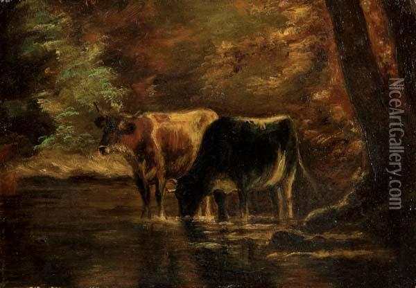 Two Cattle By A Stream. Oil Painting - Homer Ransford Watson