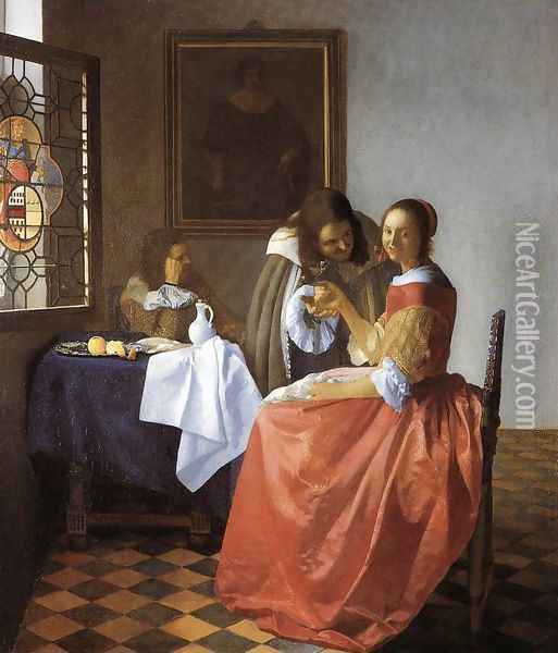 A Lady and Two Gentlemen c. 1659 Oil Painting - Jan Vermeer Van Delft
