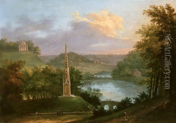 View Of The Park At Stourhead With Figures By The Monument Oil Painting - Copplestone Warre Bamfylde