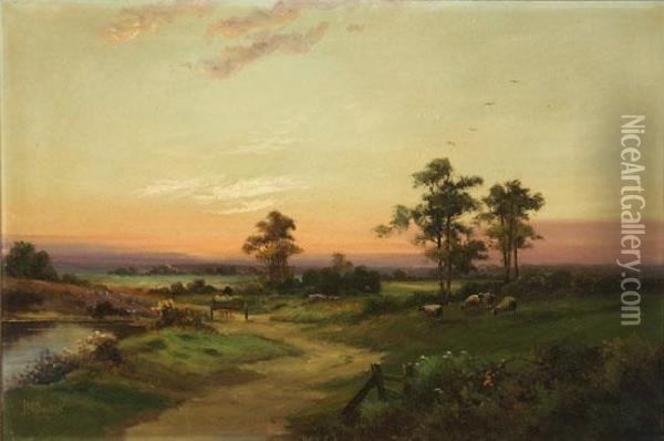 Sunset Landscape With Country Road, Figures And Sheep Oil Painting - Jack Ducker