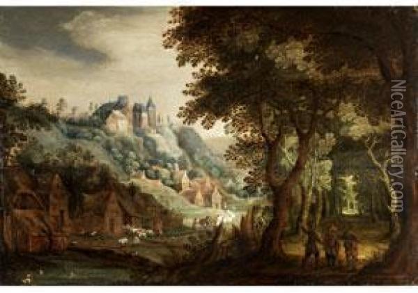 Landschaft Mit Waldrand, Dorf
 Und Burg Auf Einer Anhohe Oil Painting - David Vinckboons