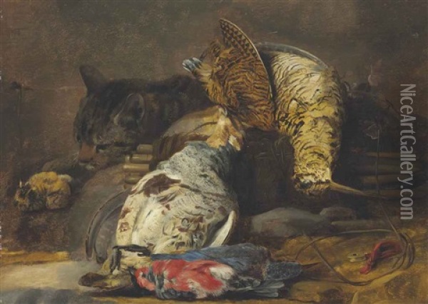 A Woodcock, Partridge, Kingfisher, Finches And A Cat, With A Decoy Whistle And A Wooden Snare Oil Painting - Christiaan Luycks