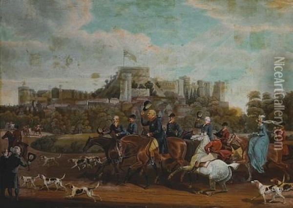 King George Iii Returning From The Hunt With Windsor Castle Beyond (+ King George Iii Hunting In Windsor Forest; Pair) Oil Painting - James Pollard