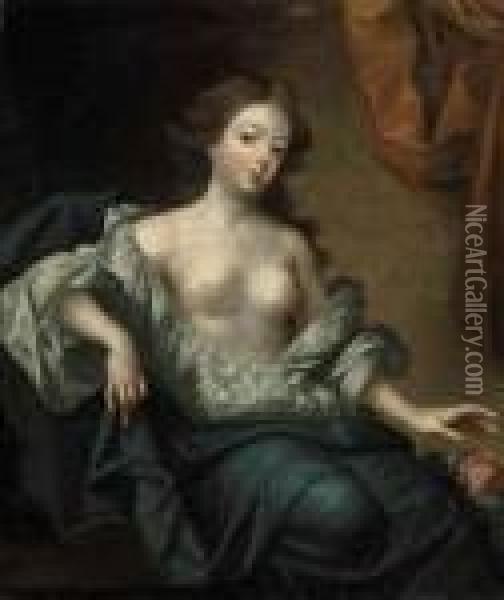 Portrait Of Nell Gwyn 
(1650-1687), Actress And Mistress Of Kingcharles Ii Of England, 
Three-quarter-length, Seated, In A Whitechemise And A Blue Mantle, With A
 Flowermantle, With A Flower Oil Painting - Simon Pietersz. Verelst