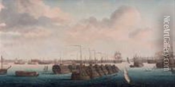 Vue Du Port De Portsmouth Et De Ses Bateaux De Prisonniers Oil Painting - Ambroise Louis Garneray