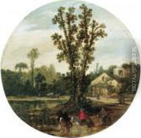 A Wooded Landscape With Horsemen Beside A River, A Ruined Farm Beyond Oil Painting - Esaias Van De Velde