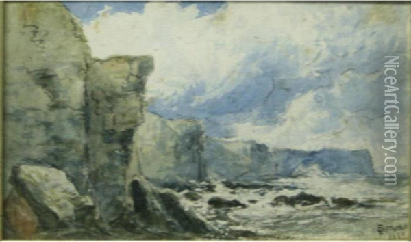 Steep Cliffs, Choppy Sea And Billowing Clouds Oil Painting - George Blackie Sticks