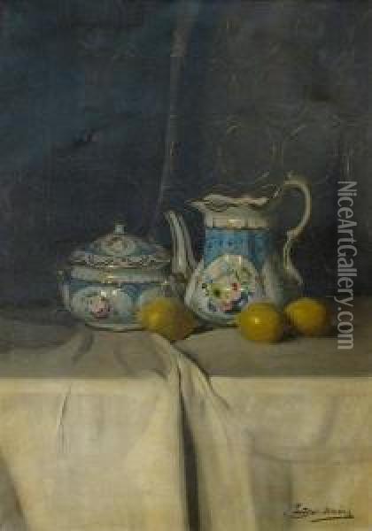 A Still Life With A Coffee Pot, A Sugar Bowland Lemons Oil Painting - Janos Pentelei-Molnar