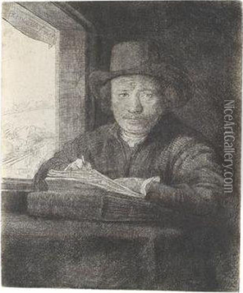 Selbstbildnis Am Fenster Zeichnend Oil Painting - Rembrandt Van Rijn