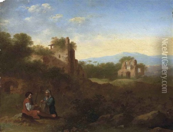 An Italianate Wooded River Landscape With A Shepherd And Shepherdess At Rest, Classical Ruins Beyond Oil Painting - Johan van Haensbergen