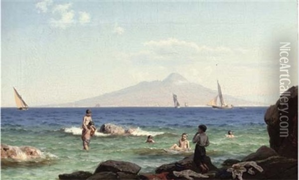 Boys Playing In The Shallows Before Vesuvius Oil Painting - Carl (Jens Erik C.) Rasmussen
