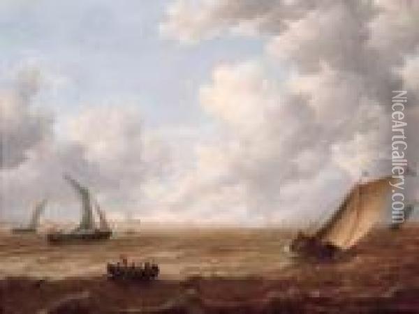 A Wijdschip Tacking Offshore In A
 Stiff Breeze With A Smalschip Andsailors In A Rowing Boat Nearby, On A 
Cloudy Day Oil Painting - Hieronymous Van Diest
