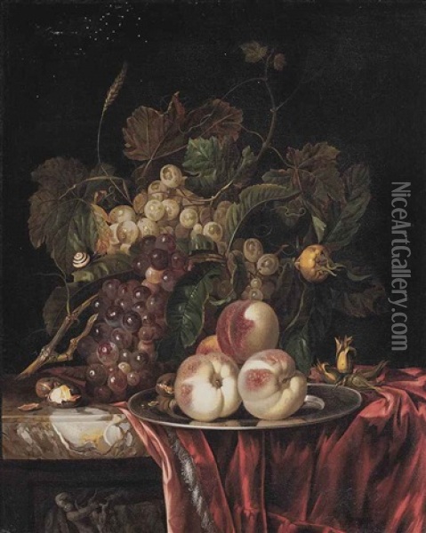 Peaches On A Pewter Plate With Grapes, Chestnuts And Hazelnuts On A Partly Draped Stone Ledge Oil Painting - Willem Van Aelst
