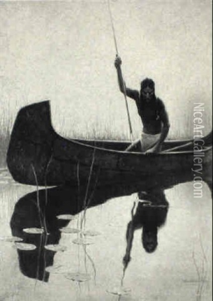 Native American Spear Fishing From Canoe Oil Painting - William Harnden Foster
