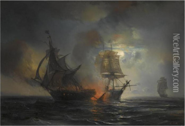 Sea Battle By Night Oil Painting - Theodore Gudin