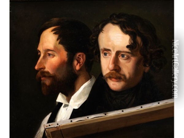 Doppelportrait, Wohl Ferdinand Theodor Hildebrandt Und Carl Friedrich Lessing Oil Painting - Julius (Rudolf Jul. Benno) Huebner