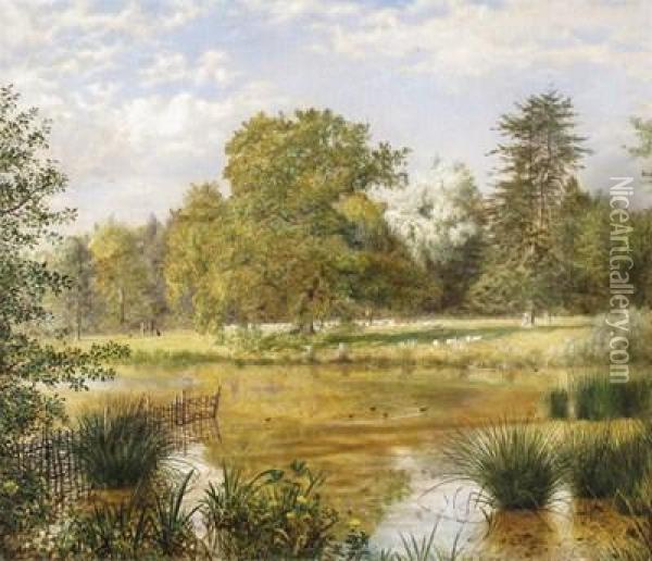 View In A Park With Huntsmen And Sheep Oil Painting - George William Mote