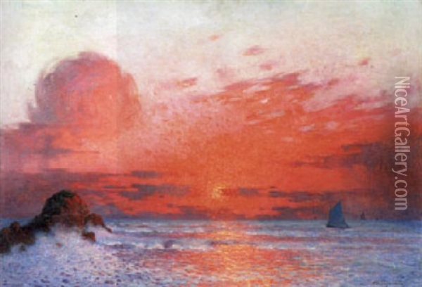 Coucher De Soleil Sur La Mer (voiliers Au Soleil Couchant) Oil Painting - Ferdinand du Puigaudeau