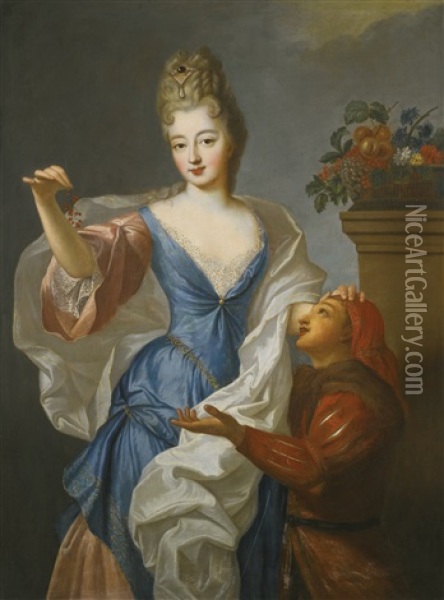 Portrait Of A Lady With Her Jester, Three-quarter Length, Wearing A Blue Dress And Holding A Sprig Of Red Berries Oil Painting - Pierre Gobert