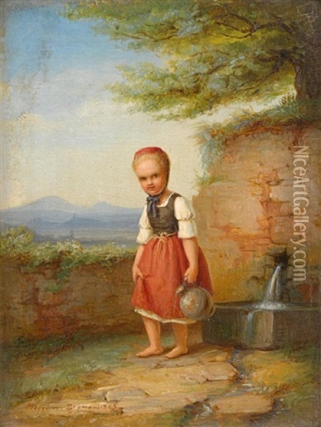 Young Girl At The Well Oil Painting - Johann Georg Meyer von Bremen