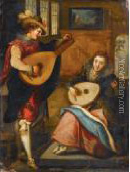An Elegant Interior With A Lady And A Gentleman Playing Lutes Oil Painting - Louis de Caullery
