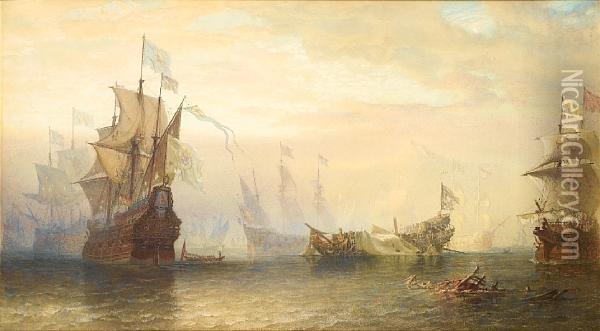 An Early 17th Century Naval Action Oil Painting - Sir Oswald Walter Brierly